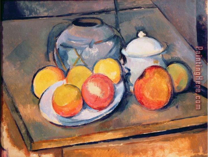 Paul Cezanne Straw Covered Vase Sugar Bowl And Apples 1890 93